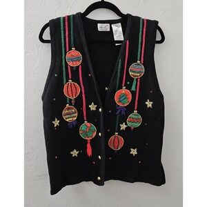 Vintage Holiday Ornaments Knit Sweater Vest Black Embroidered Beaded Women Large